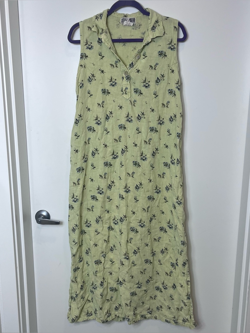 Vintage Linen Sleeveless Floral Maxi Dress Large Yellow Buttons Vtg Care Wear